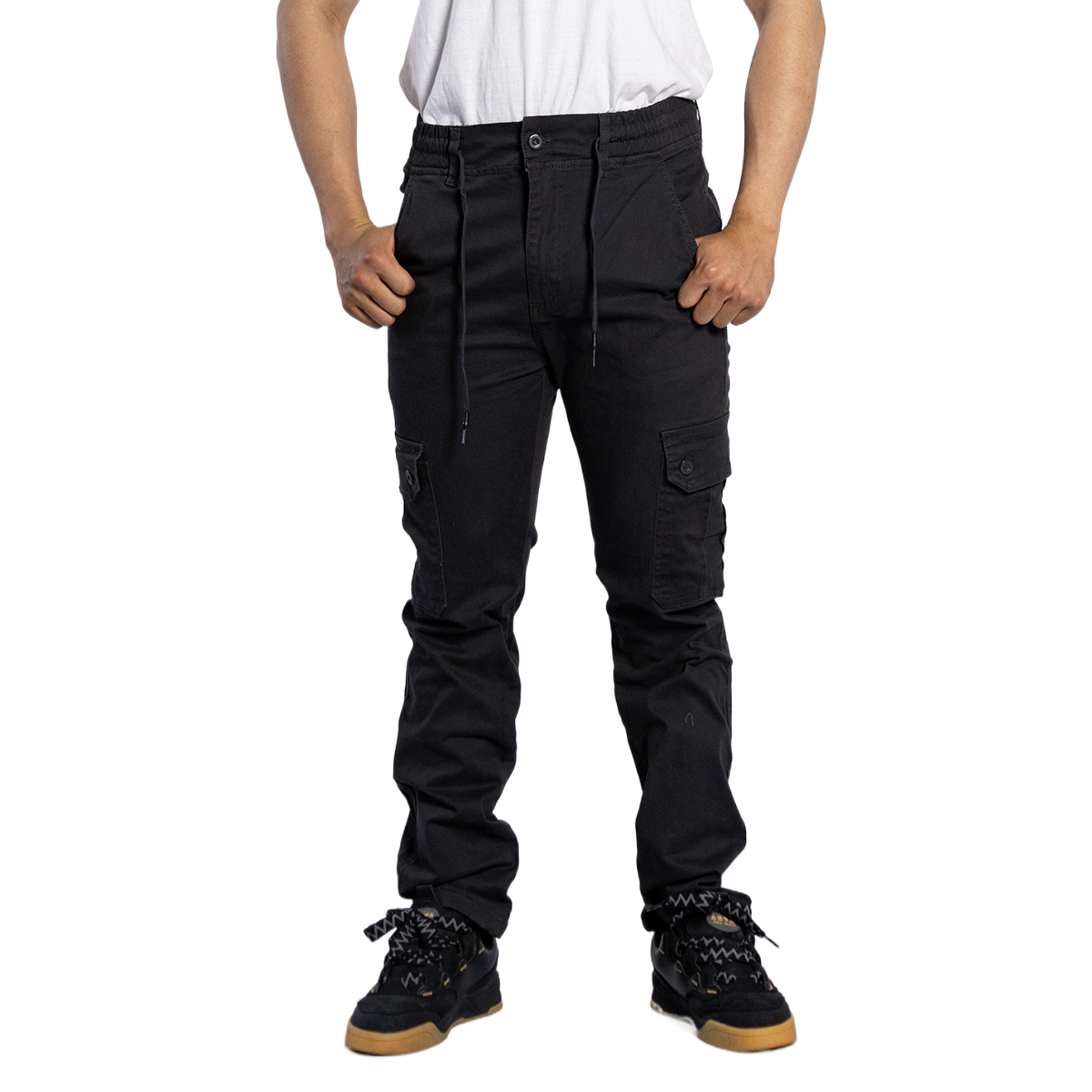 Vintage Black Elastic Waist Cargo Jeans Slim Fit Jogger Pants