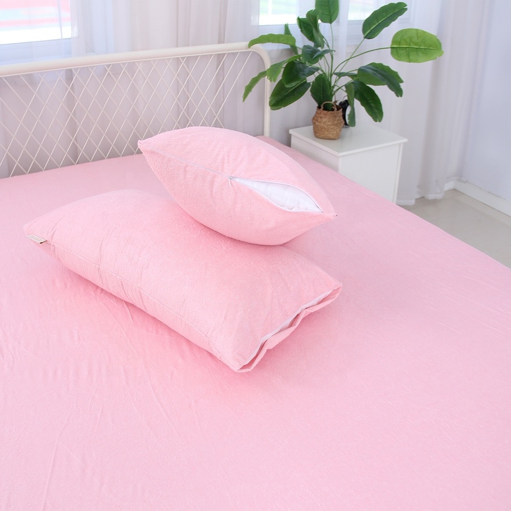 Best Sale High Quality Waterproof Mattress Protector Solid Pink Cotton Terry Mattress Cover