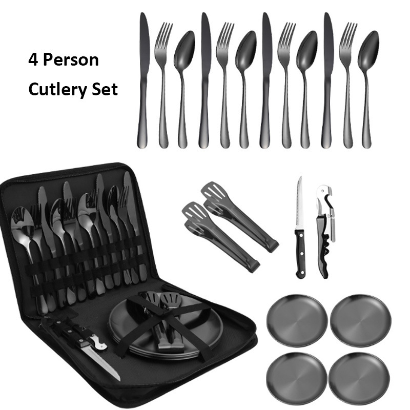 Portable Popular Kitchen Stainless Steel Camping Flatware Travel Utensils Set 2/4 Person Knife Fork Spoon Outdoor Cutlery Set