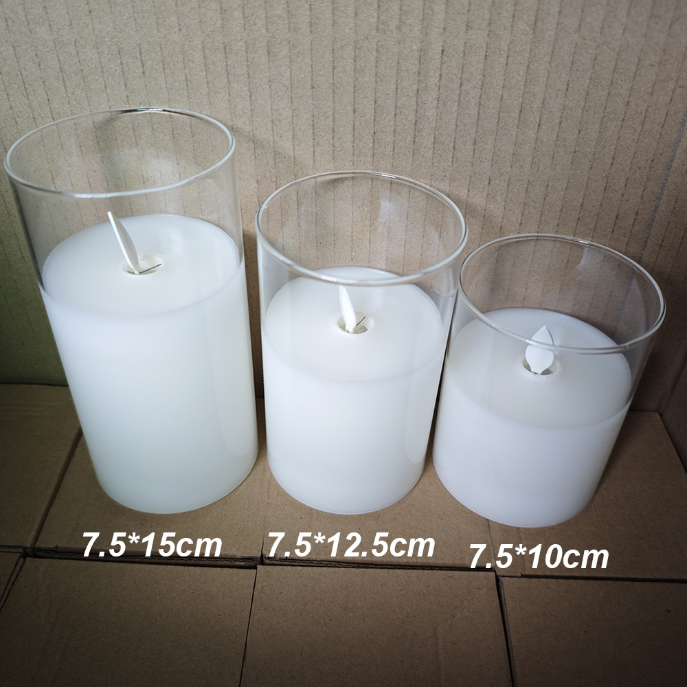 Cylinder Battery Operated Flameless Led Flickering Candles Light Set Of 3 Pillar Candles Led In Clear Or Smoky Glass Vases