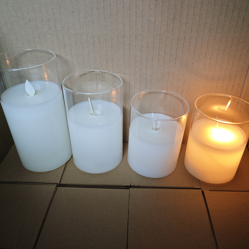 Cylinder Battery Operated Flameless Led Flickering Candles Light Set Of 3 Pillar Candles Led In Clear Or Smoky Glass Vases