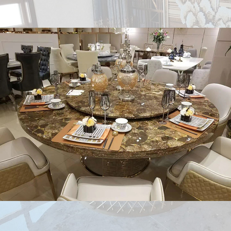 Modern dining room furniture contemporary stainless steel pedestal agate gold luxury round dining table with rotating centre