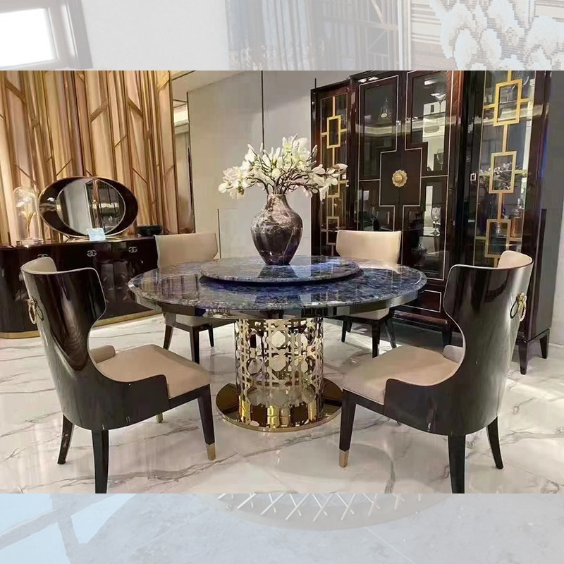 Modern dining room furniture contemporary stainless steel pedestal agate gold luxury round dining table with rotating centre