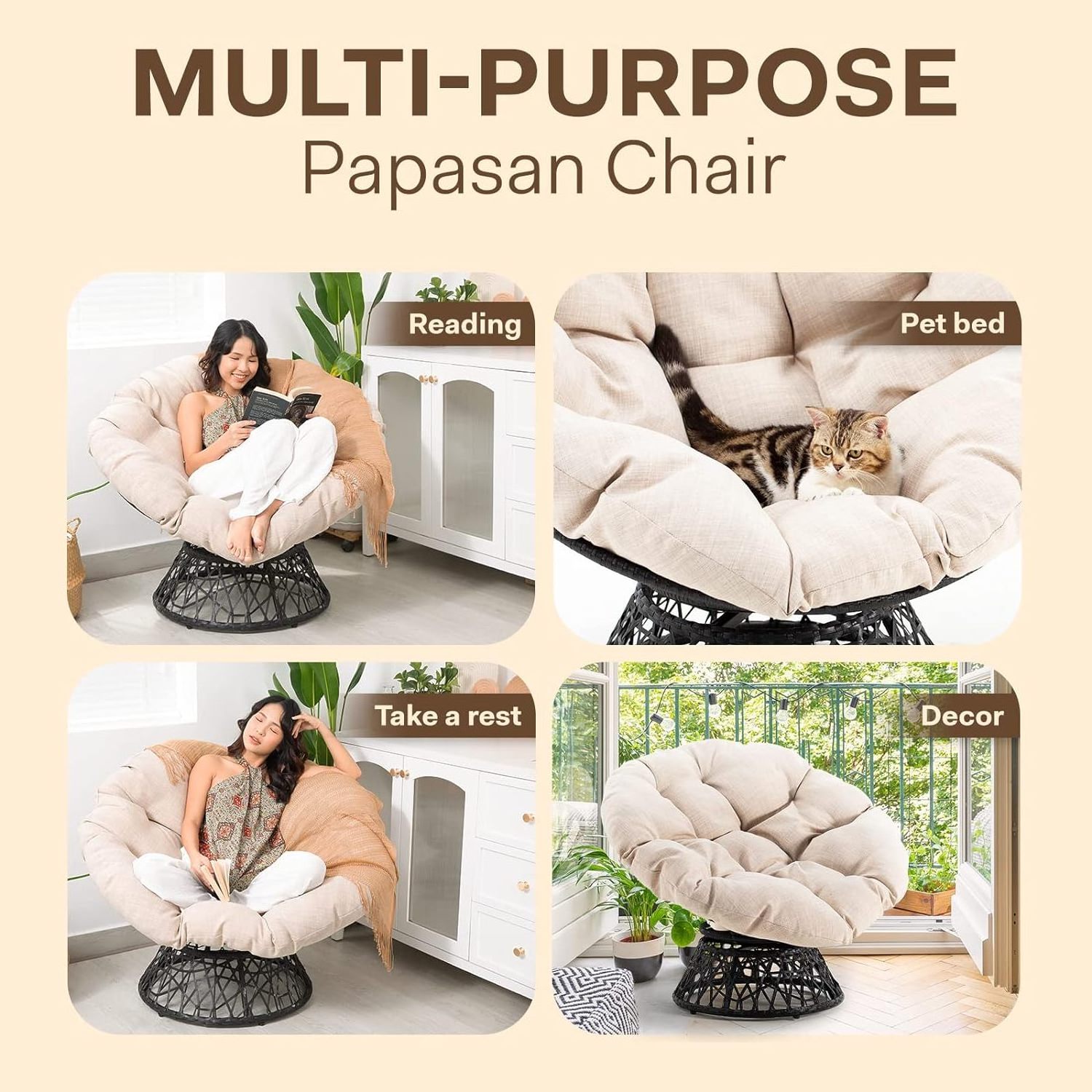 360 Degree Swivel Ergonomic Wicker Chair with Soft Thick Density Fabric Cushion for Living and Bedroom and Reading Room and Lou