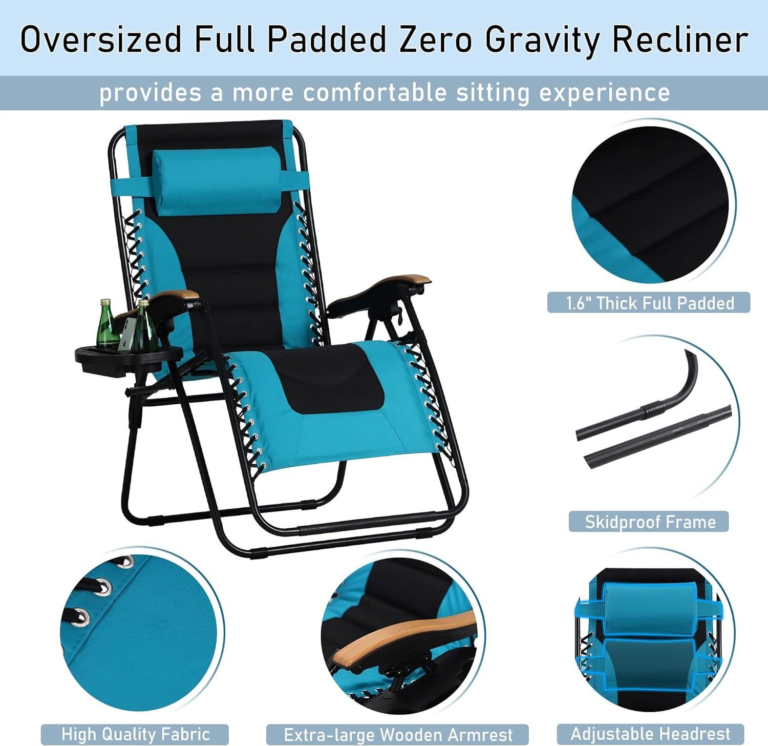 Support 400 LBS Foldable Patio Recliner Oversized Lounger Padded Zero Gravity Chair with Cup Holder