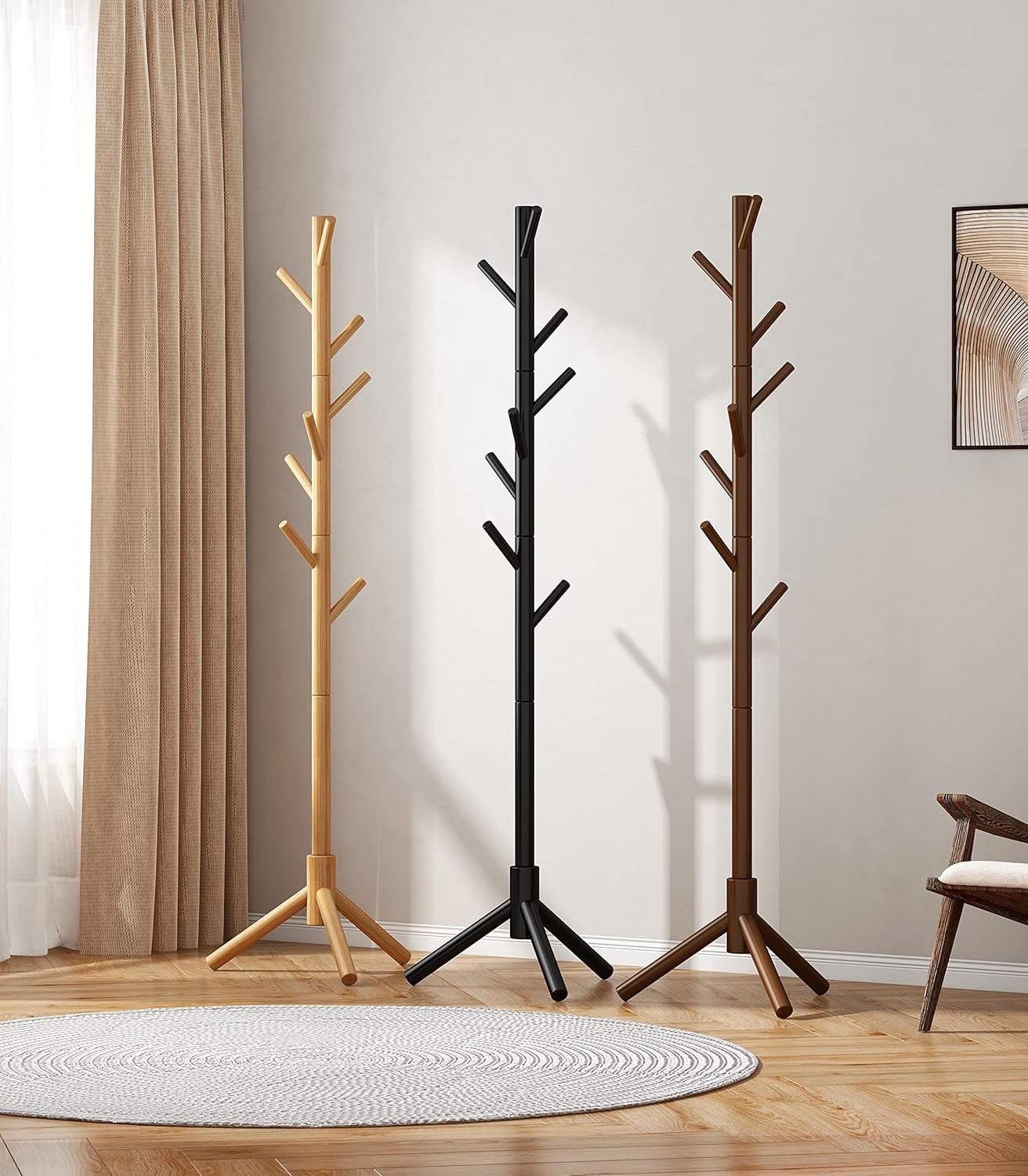 Sturdy Freestanding Wooden Clothes Racks Home Office Coat Rack with 3 Height Options and 8 Hooks for Hallway