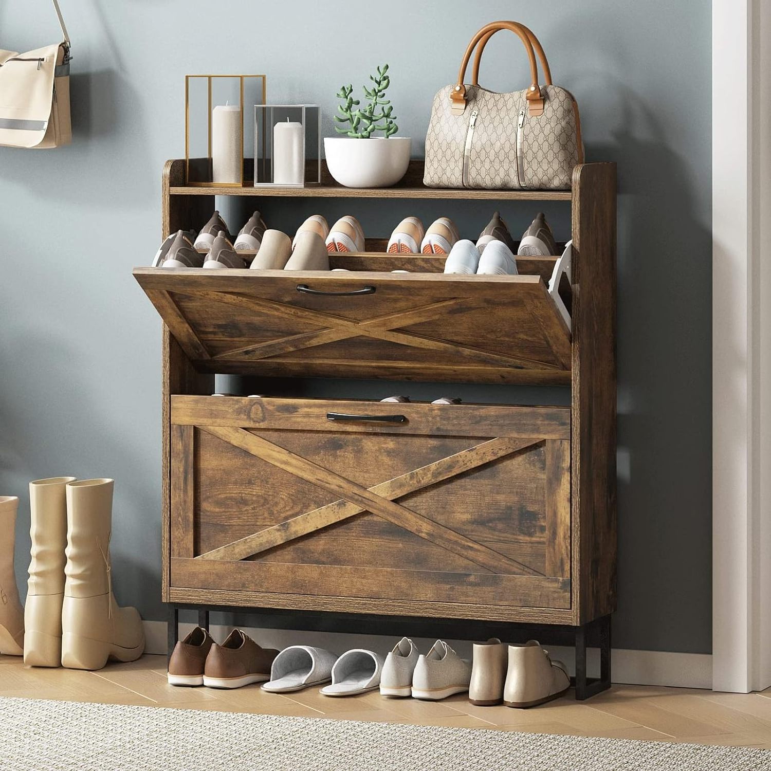 Freestanding  Entryway Shoe Organizer Rustic Brown Wood Narrow Shoe Rack Storage Cabinet with 2 Flip Drawers