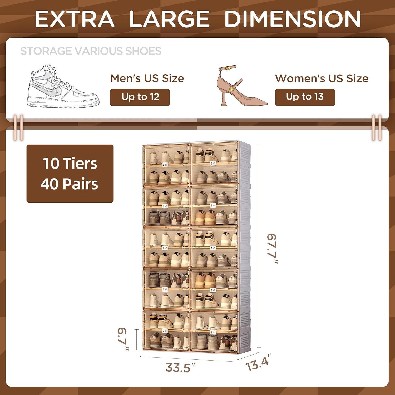 40 Pair 10 Tier Stackable Sneaker Storage Shoe Cabinet Portable Shoe Rack Organizer for Closet Entryway with Magnetic Clear Door