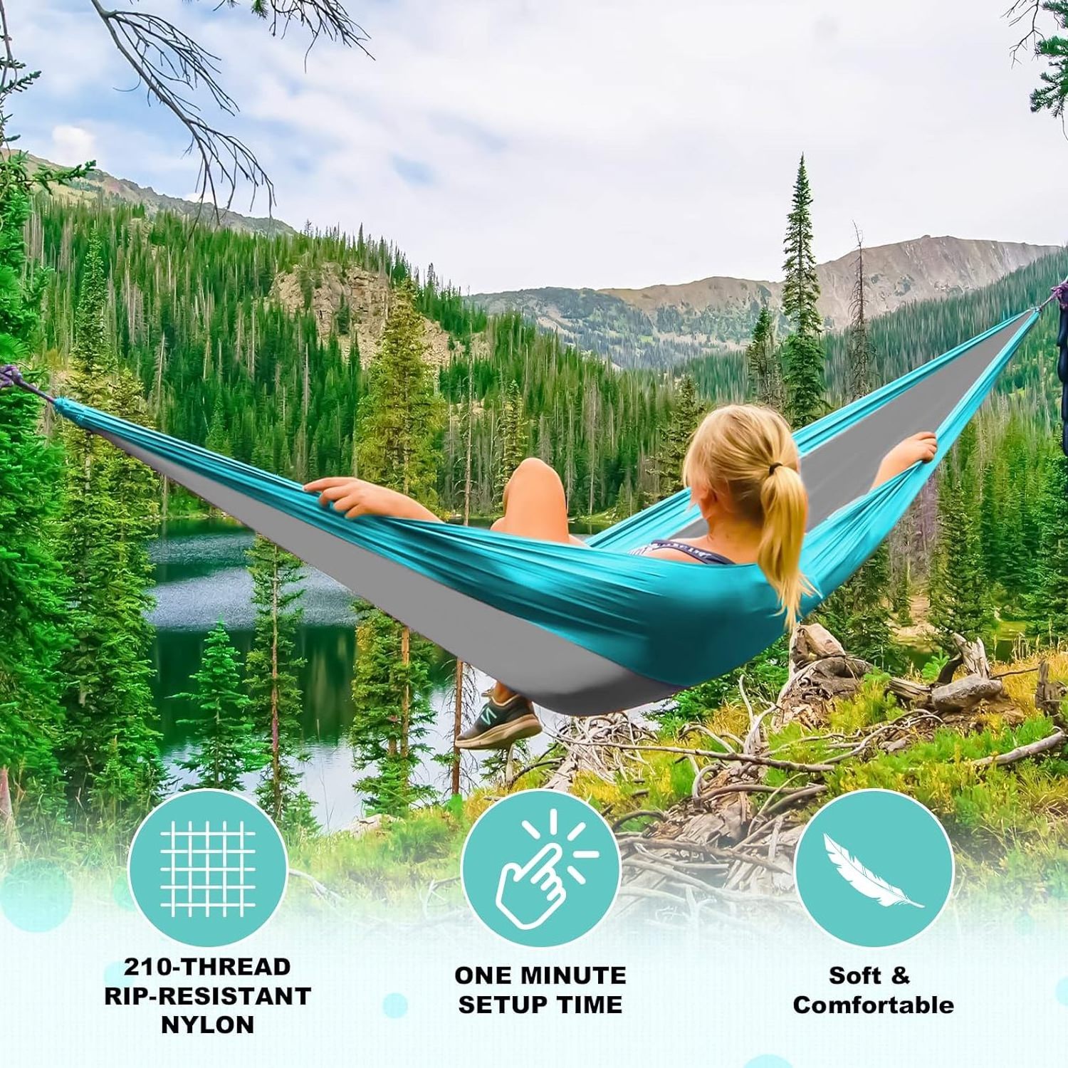 Camping Hammock Double and Single Portable Hammocks with 2 Tree Straps and Attached Carry Bag for and Beach and Camping