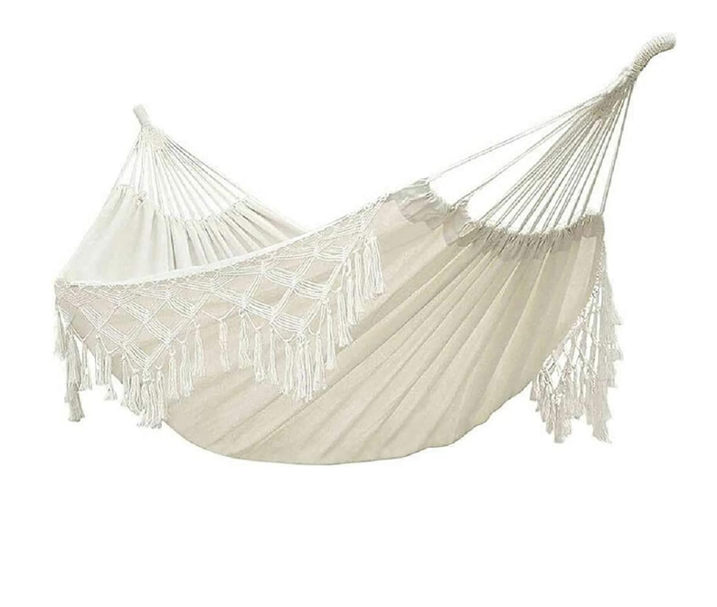 Double Sized Boho Macrame Cream Elegant Fishtail Knitting Hammock Includes Tie Ropes and White Drawstring Bag for Women