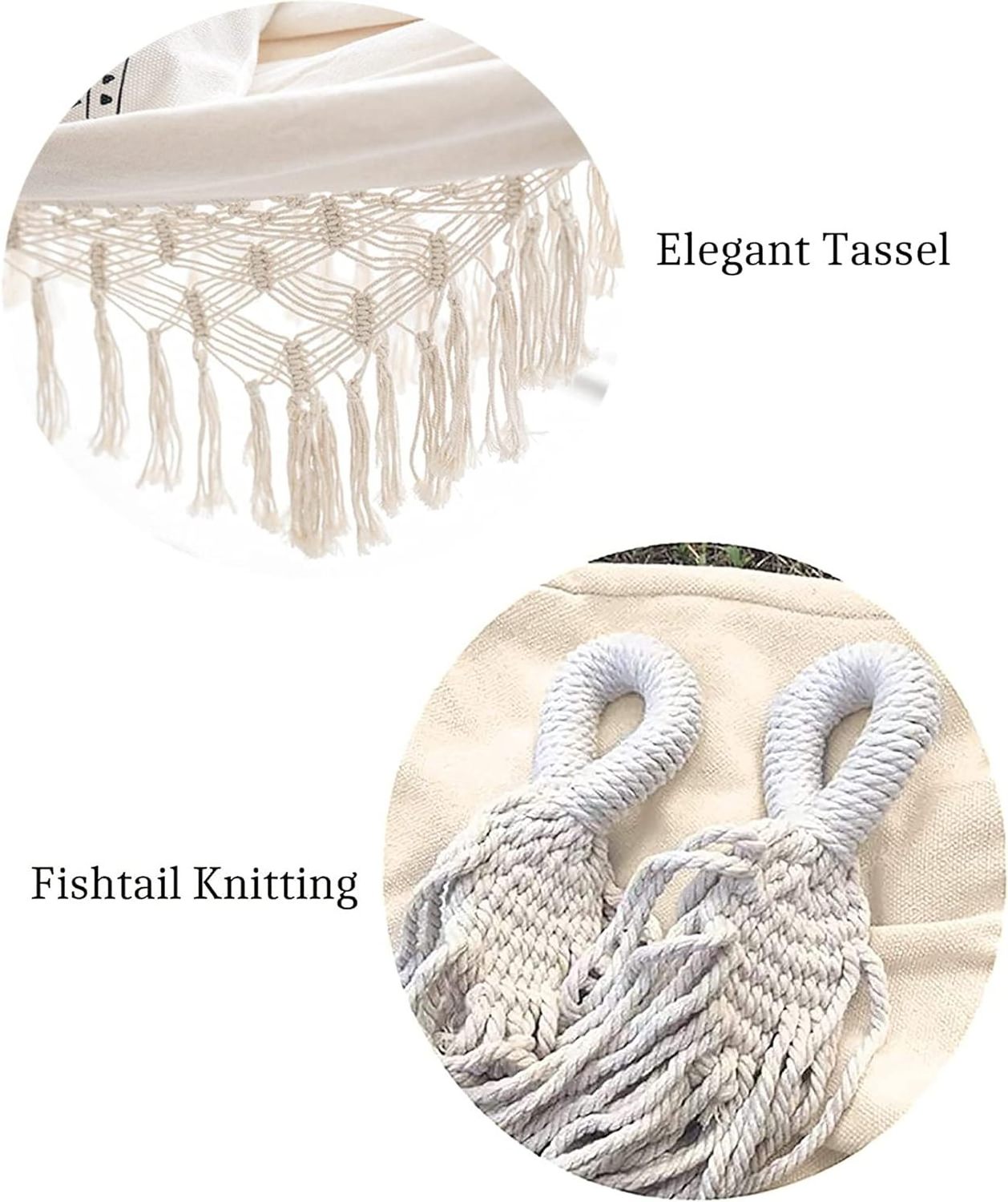 Double Sized Boho Macrame Cream Elegant Fishtail Knitting Hammock Includes Tie Ropes and White Drawstring Bag for Women