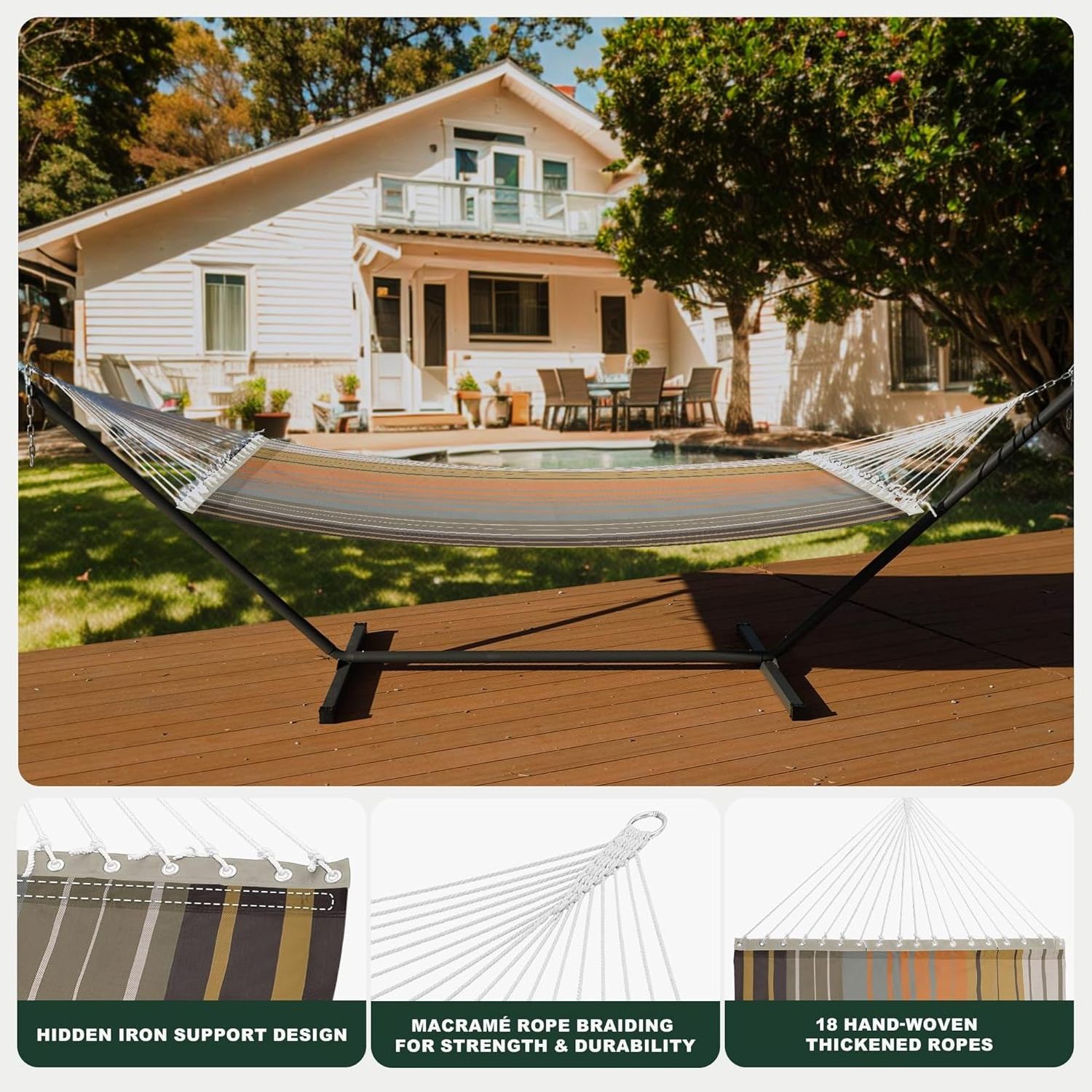 450 lbs Capacity 13 FT Double Quick Dry  Folding Concealed Steel Spreader Bar Portable Two Person Hammock for Camping Yard Beach