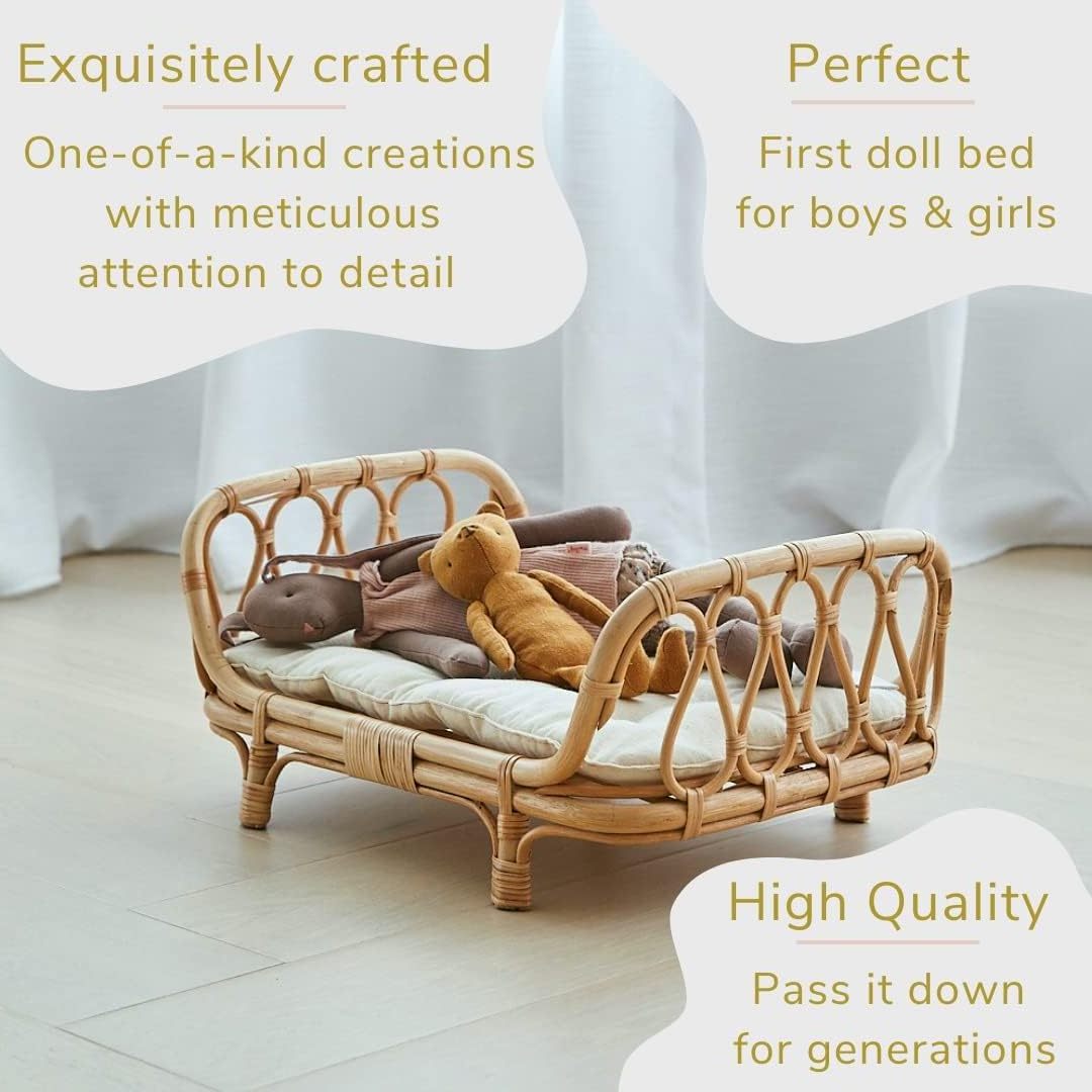 Handcrafted Wooden Dreamy Wicker Boho Infant Cradle Doll Crib Premium Rattan Baby Doll Bed with Mattress