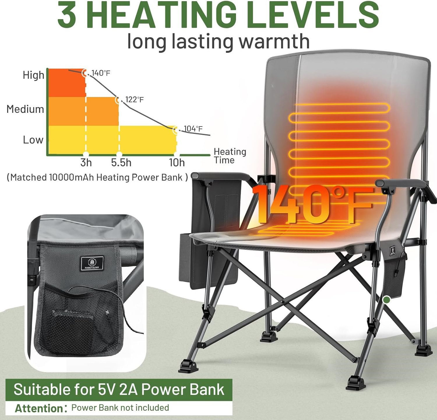 Oversized Heated Camping Beach Chair for Outdoor Sports with Side Pockets and Cup Holder