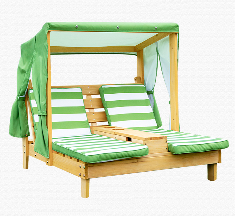 Child Backyard Furniture Sofa Beach Chair Outdoor Wooden Children Double Chaise Sun Lounge with Sun Canopy