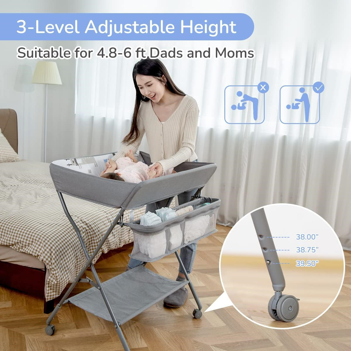 Portable Nursery Organizer Stand Newborn Infant Changing Table Gray Foldable Diaper Dresser Station