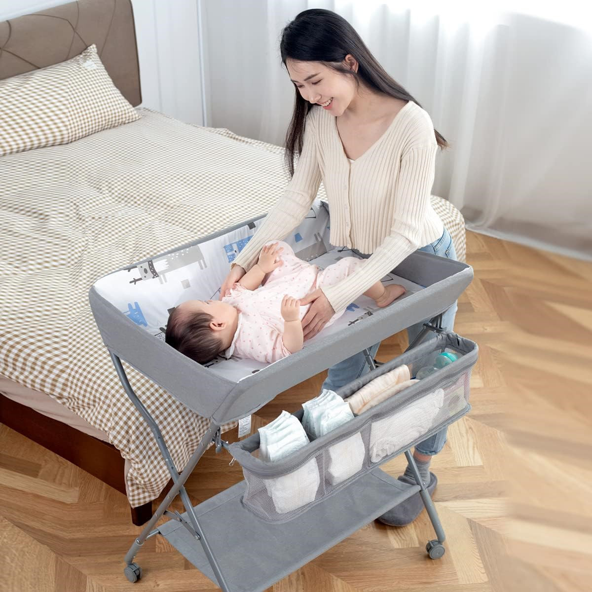 Portable Nursery Organizer Stand Newborn Infant Changing Table Gray Foldable Diaper Dresser Station