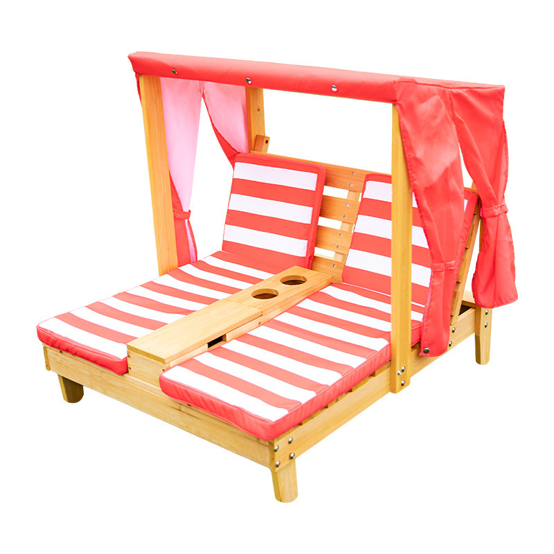 Child Backyard Furniture Sofa Beach Chair Outdoor Wooden Children Double Chaise Sun Lounge with Sun Canopy