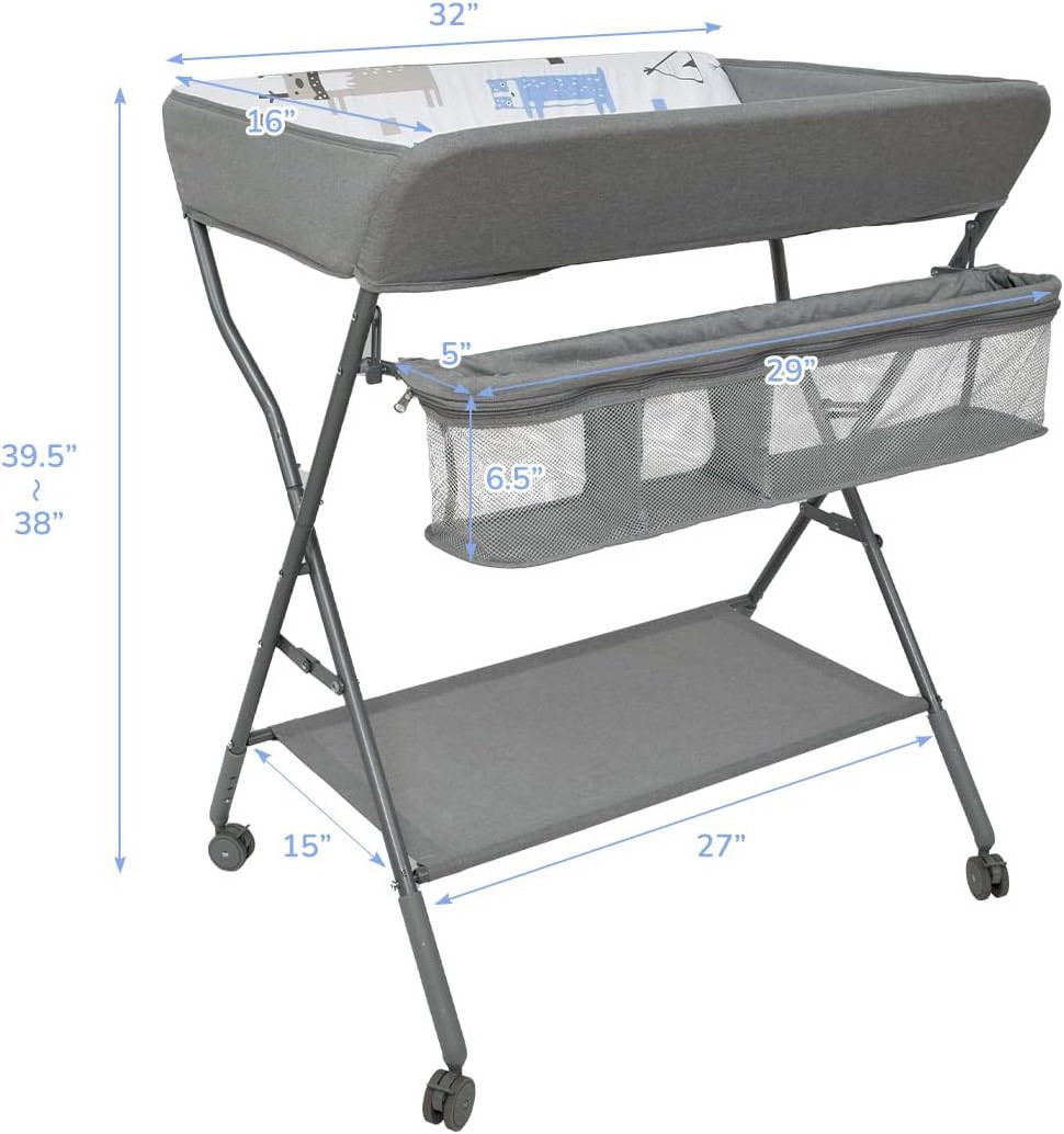 Portable Nursery Organizer Stand Newborn Infant Changing Table Gray Foldable Diaper Dresser Station