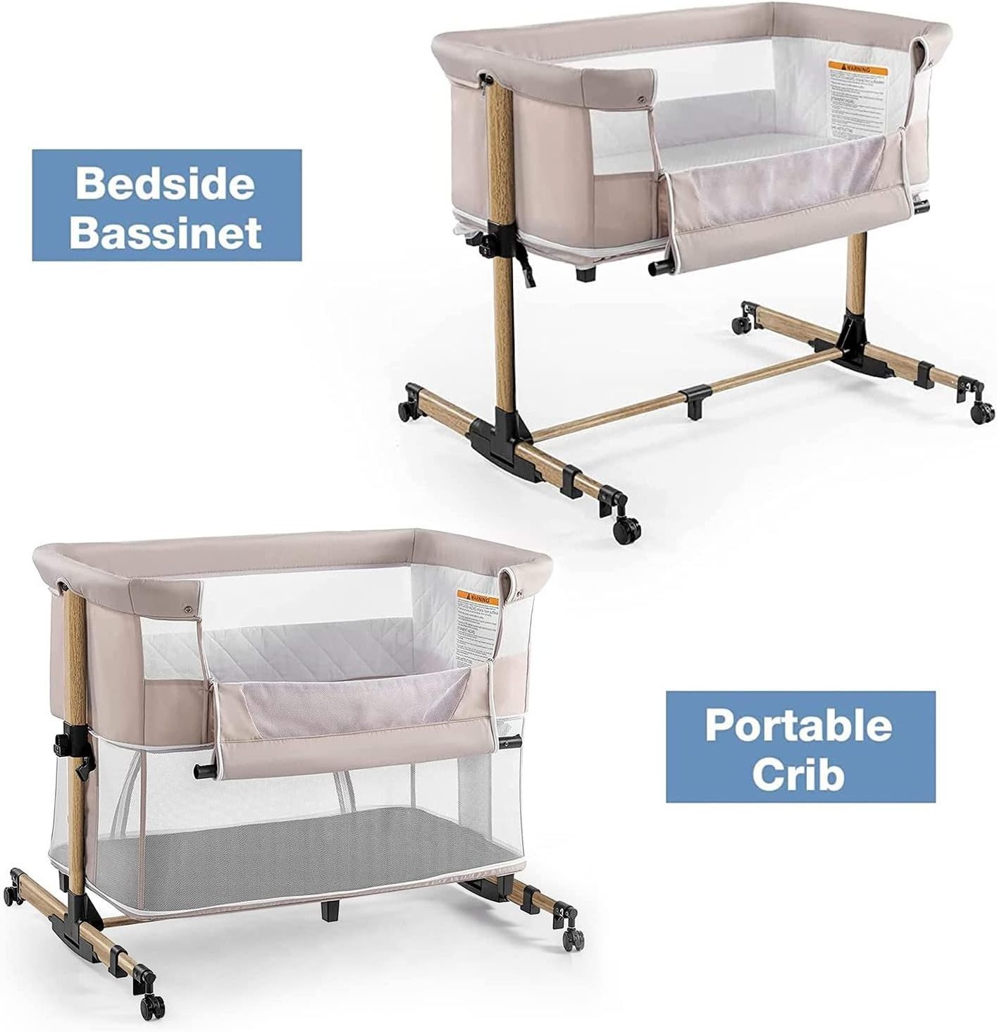 Beige Baby Cot Adjustable Portable 3 in 1 Baby Bassinet Bedside Crib for Infant Newborn