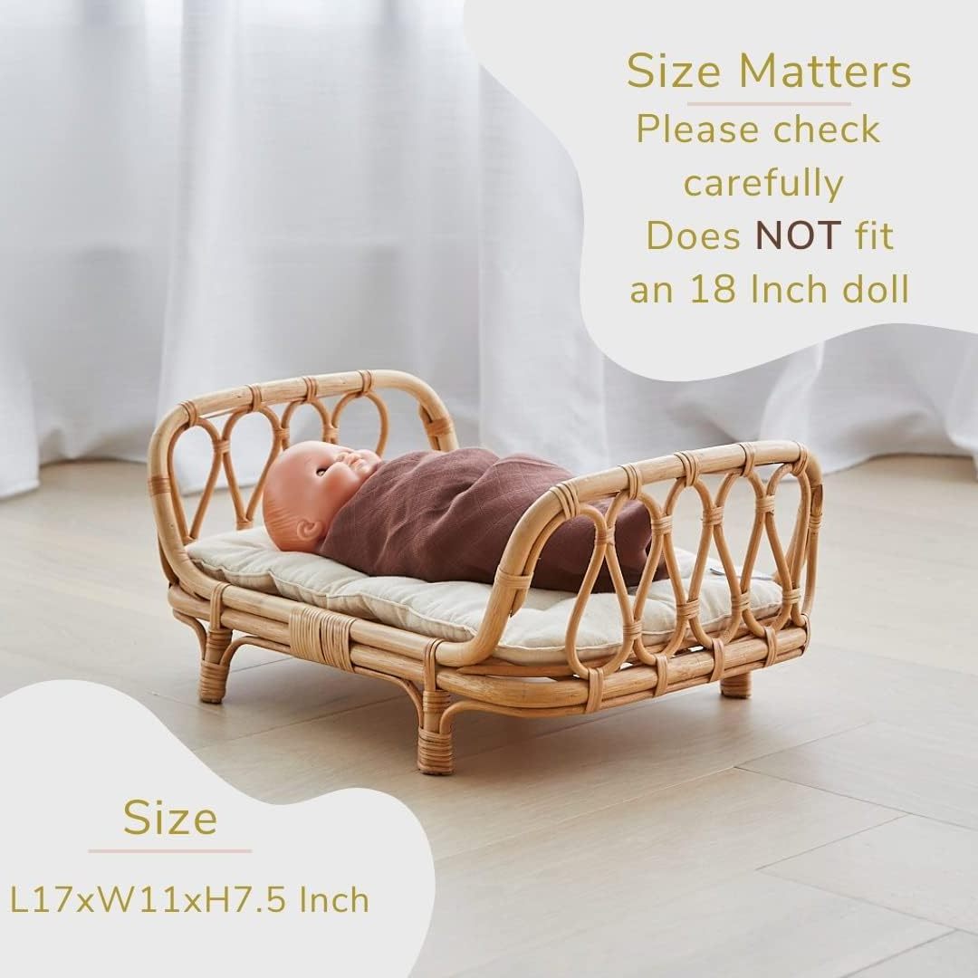 Handcrafted Wooden Dreamy Wicker Boho Infant Cradle Doll Crib Premium Rattan Baby Doll Bed with Mattress