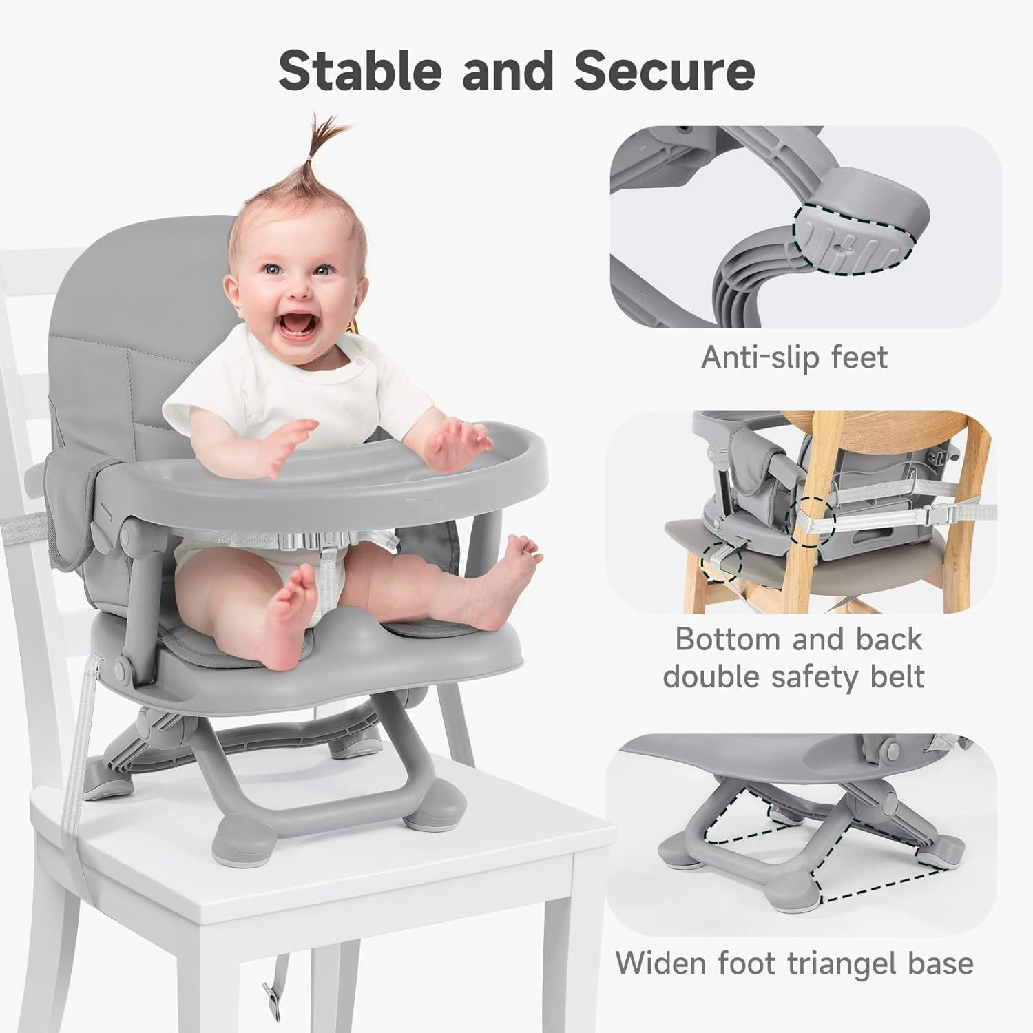 Gray Toddlers Folding Compact Portable Babies Booster Seat Kids Chairs High Chair for Dining Table