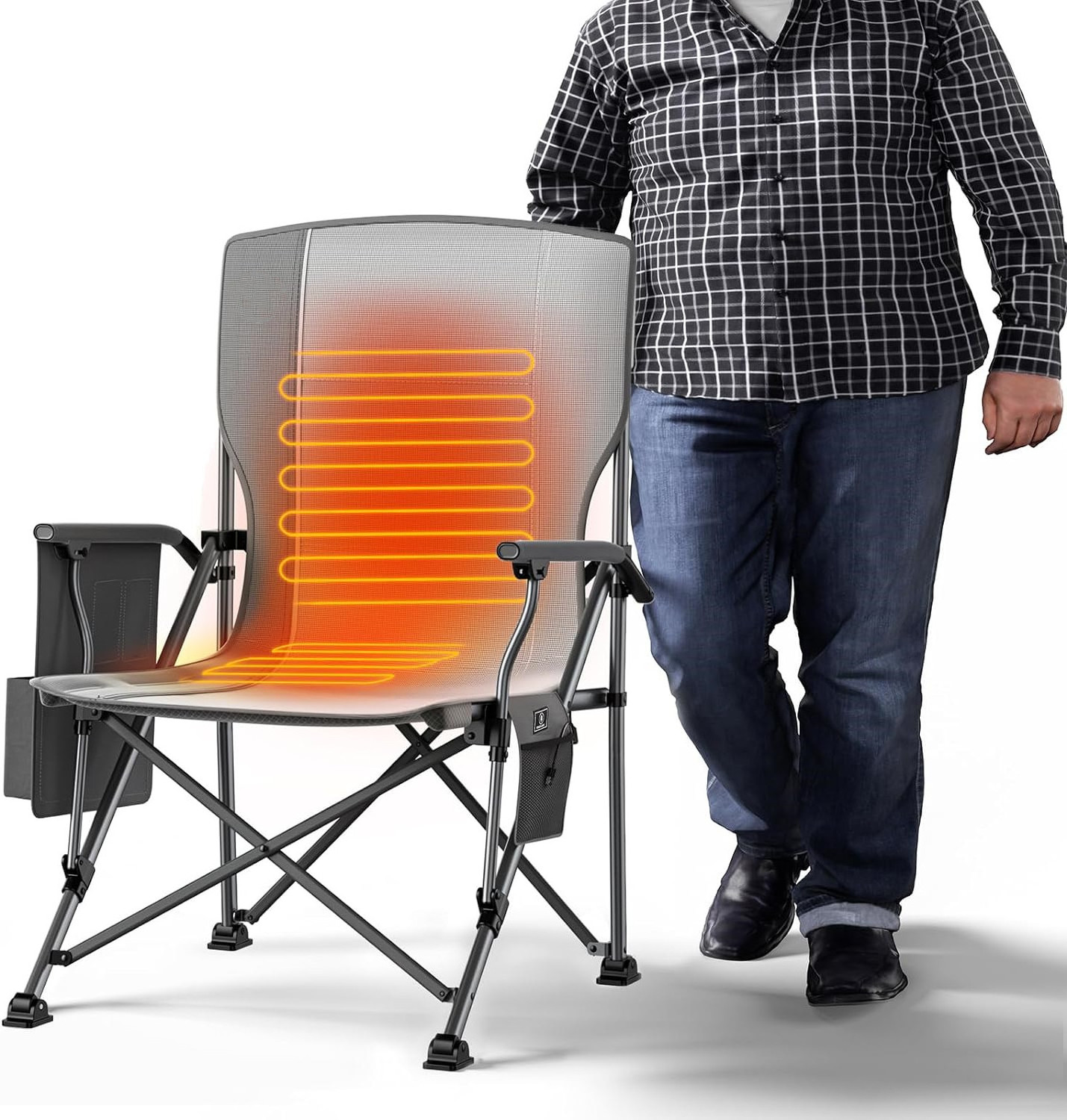 Oversized Heated Camping Beach Chair for Outdoor Sports with Side Pockets and Cup Holder