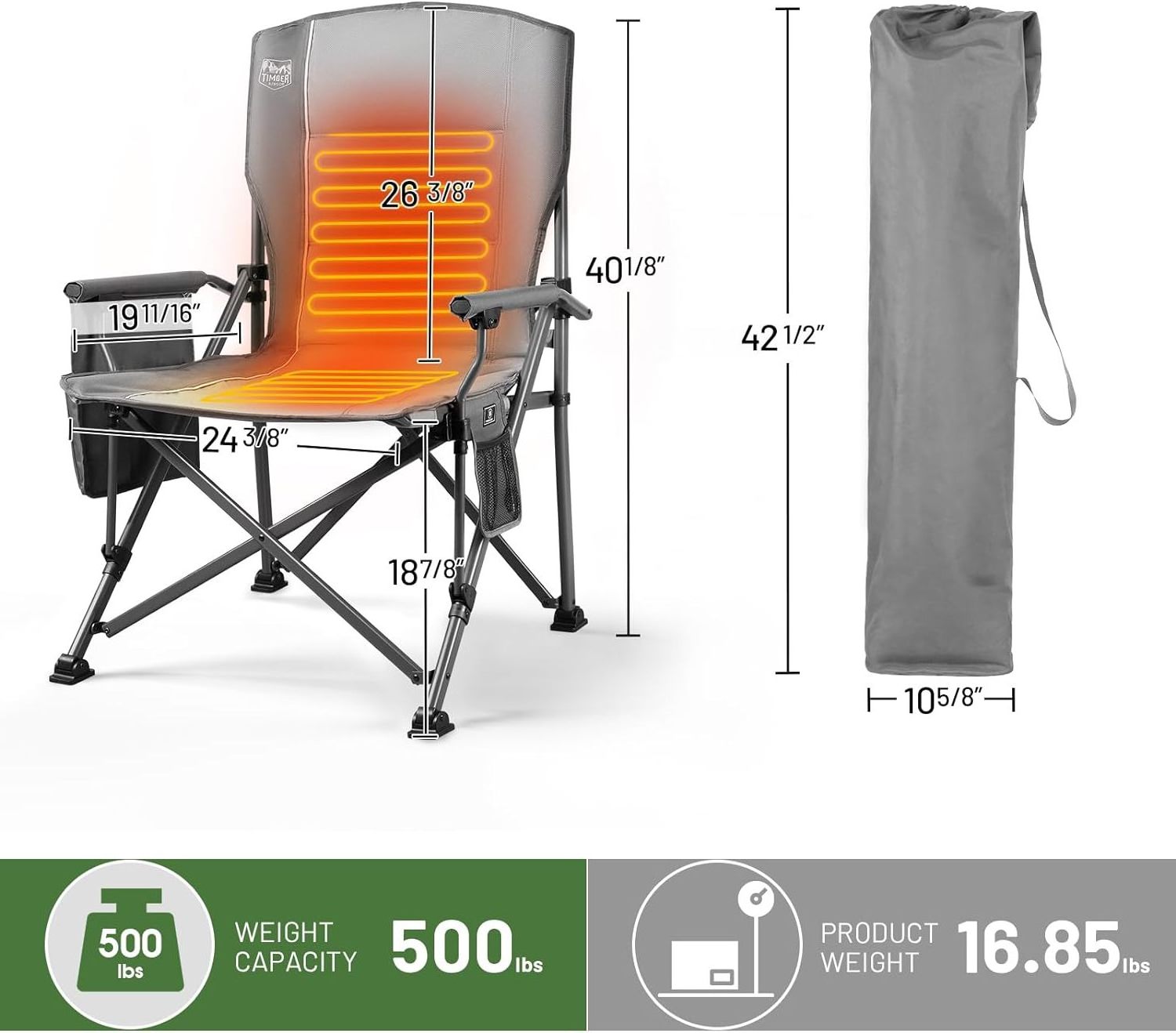 Oversized Heated Camping Beach Chair for Outdoor Sports with Side Pockets and Cup Holder