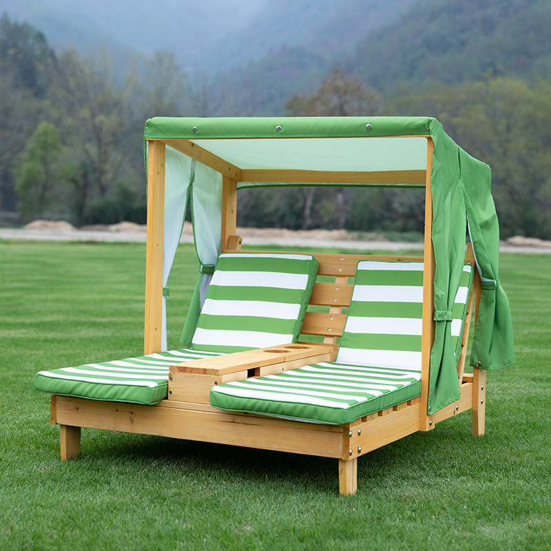 Child Backyard Furniture Sofa Beach Chair Outdoor Wooden Children Double Chaise Sun Lounge with Sun Canopy