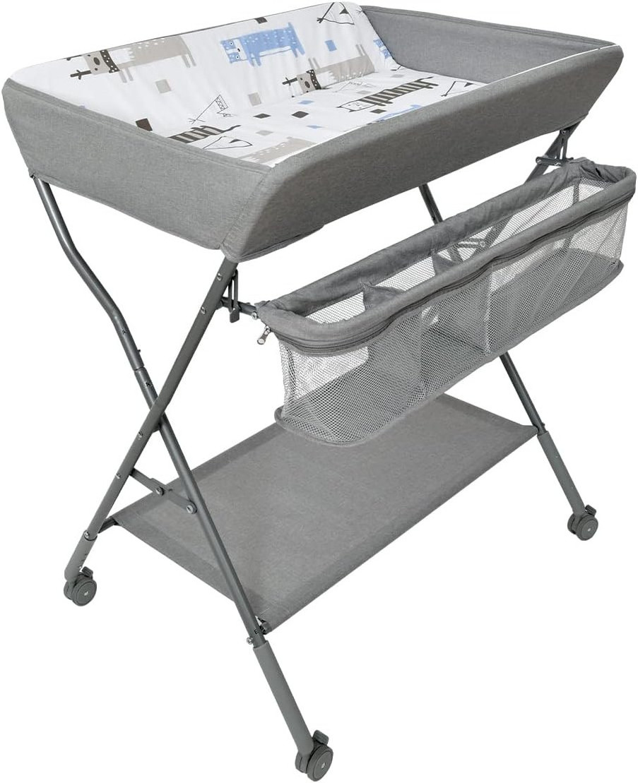 Portable Nursery Organizer Stand Newborn Infant Changing Table Gray Foldable Diaper Dresser Station