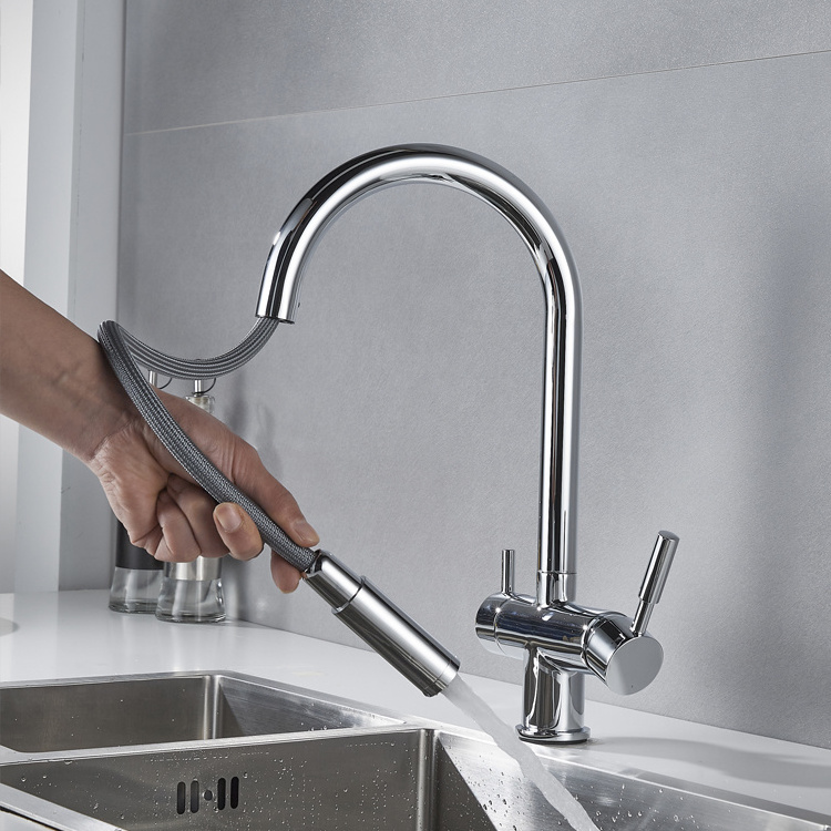 Pull out 3 way purifier water faucet long neck Sink Deck Mounted Kitchen pull out Faucet