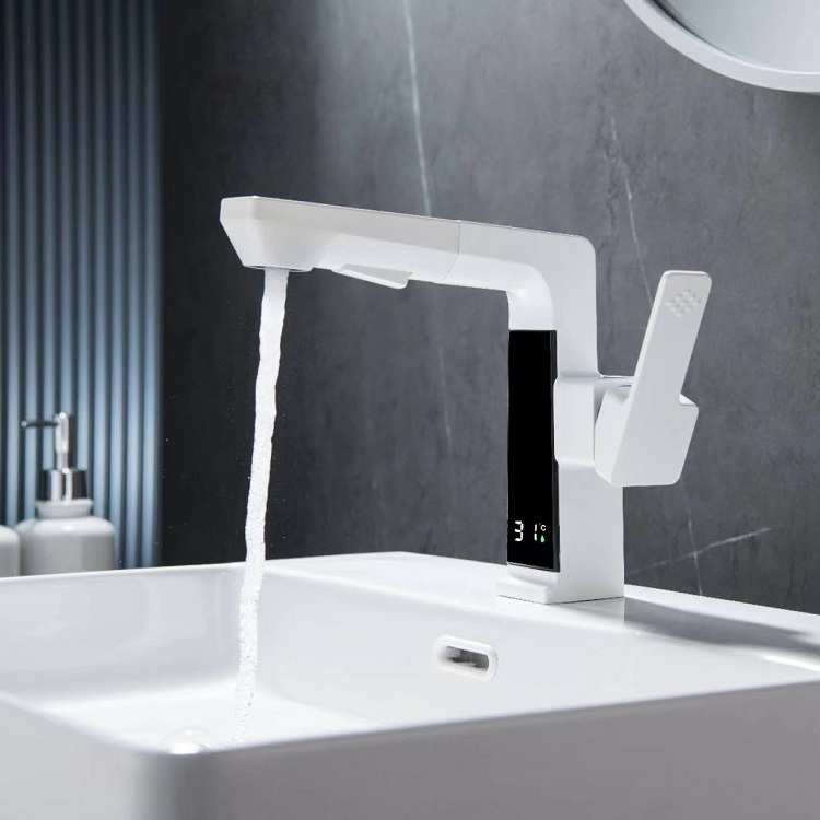 2022 New White Electronic Smart Digital LED Dingle Handle Wash Sink Water Tap Pull Out Basin Faucet