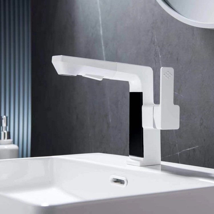 2022 New White Electronic Smart Digital LED Dingle Handle Wash Sink Water Tap Pull Out Basin Faucet