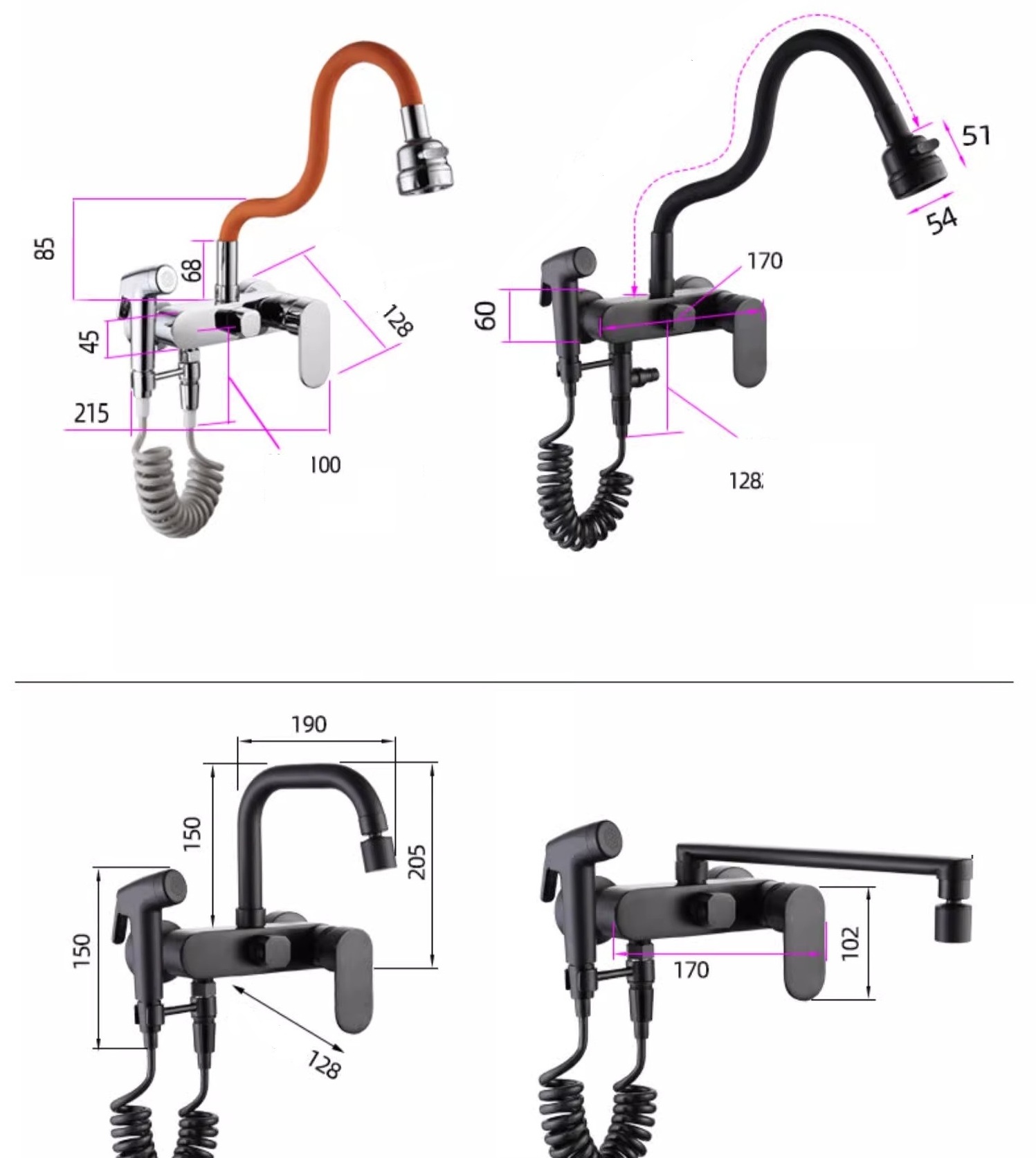 New designed SS304 black color 3 function with flexible black hose and bidet spray kitchen faucet