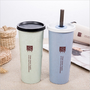 Reusable straw fiber coffee cup with lid biodegradable creative Wheat straw mug with straw Eco friendly travel plastic cup