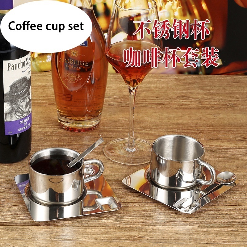 Latest Product Stainless Steel Coffee Cup Set 304 Coffee Cup Metal with Mixing Spoon and Plate Reusable Milk&tea Cup