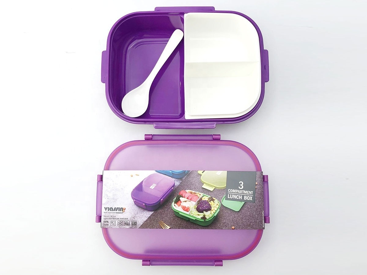 Hot selling rectangular portable 3-compartment children's lunch box with water bottle set leak-proof bento box with spoon