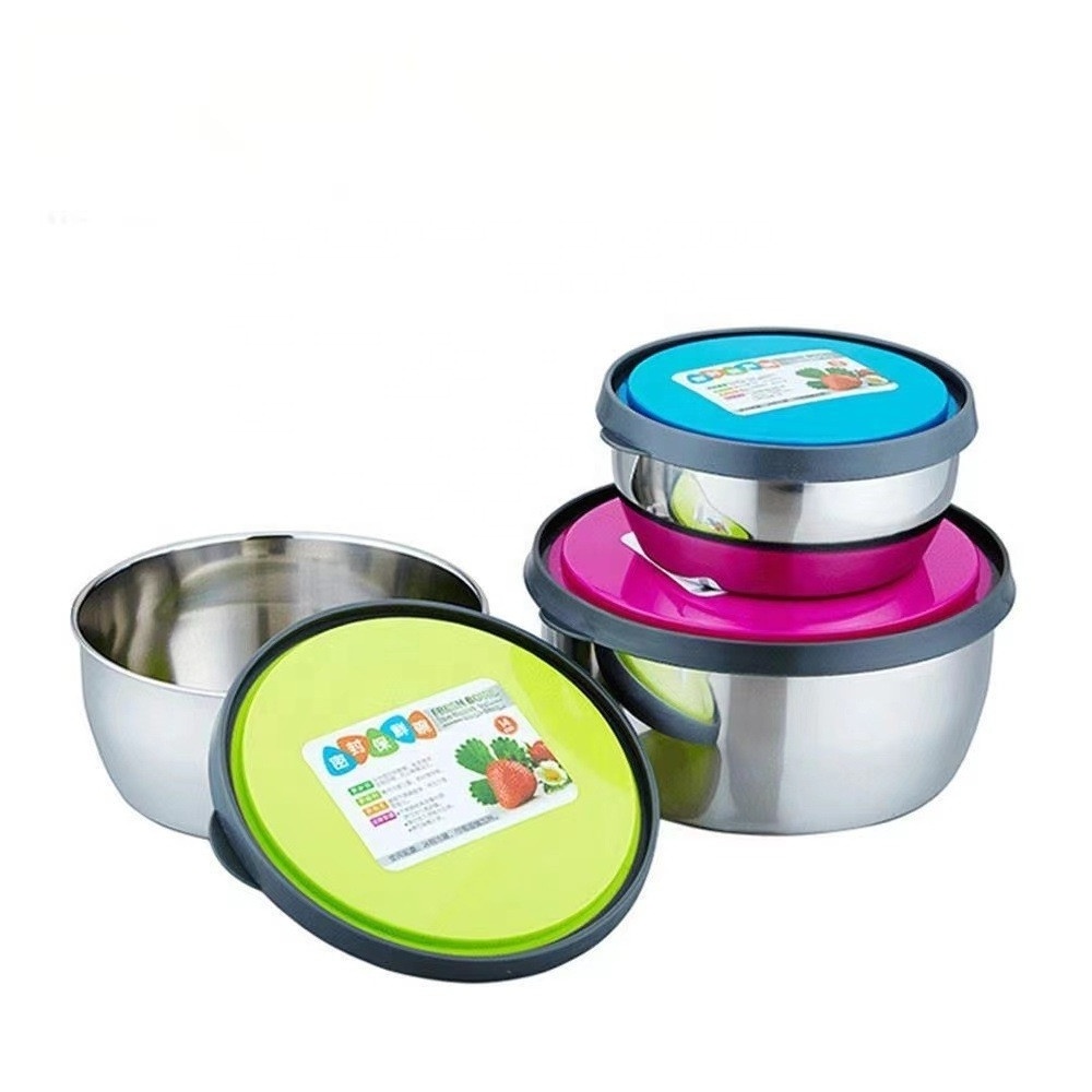 Refrigerator leak proof and fresh-keeping box 3-piece set food storage container circular stainless steel with colored lid