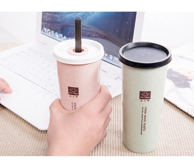 Reusable straw fiber coffee cup with lid biodegradable creative Wheat straw mug with straw Eco friendly travel plastic cup