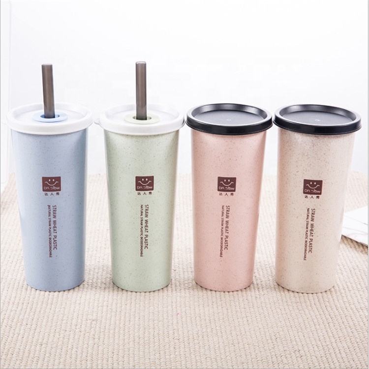 Reusable straw fiber coffee cup with lid biodegradable creative Wheat straw mug with straw Eco friendly travel plastic cup