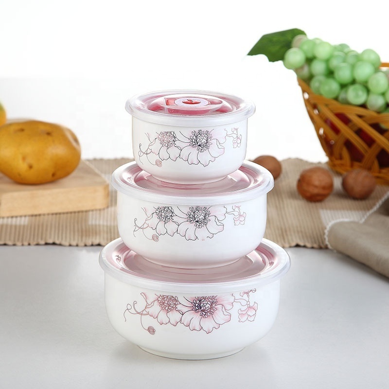 Wholesale gift tableware sealed microwave oven bowls bento preservation boxes ceramic preservation bowls three piece set