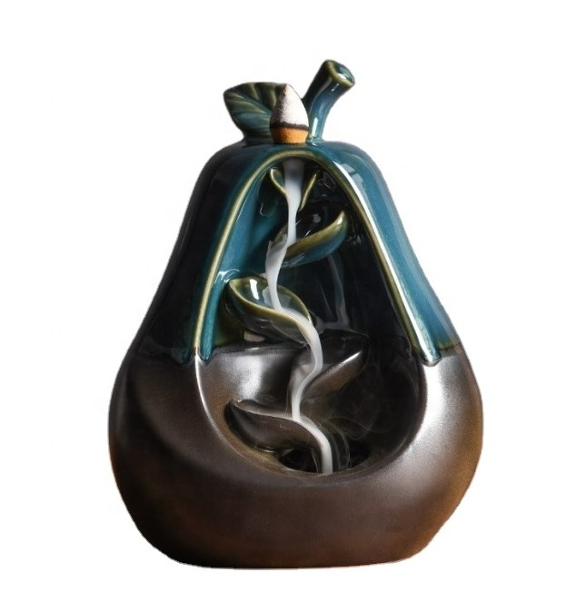 Handmade apple pear lotus censer oud  smoke waterfall fountain Ceramic Big backflow incense burner