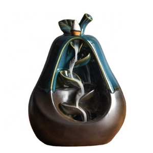 Handmade apple pear lotus censer oud  smoke waterfall fountain Ceramic Big backflow incense burner