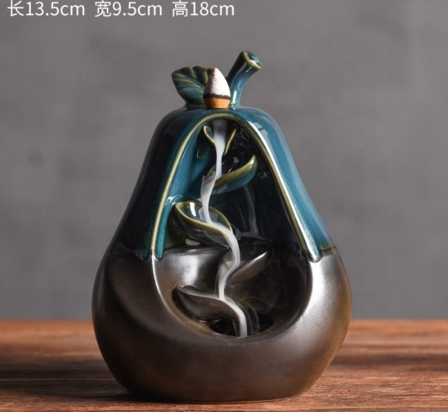 Handmade apple pear lotus censer oud  smoke waterfall fountain Ceramic Big backflow incense burner