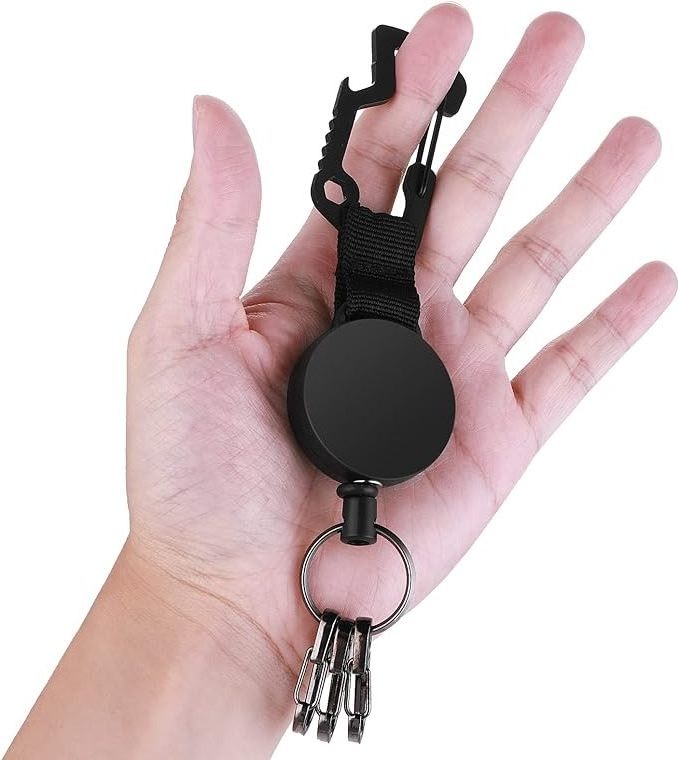 P-025 Retractable Key Ring 60CM Badge Holder with Steel Wire Carabiner Clip Multifunctional with Corkscrew and Hex Screw Wrench