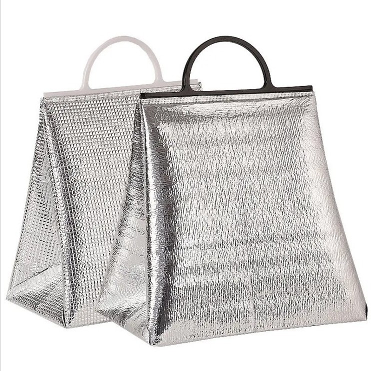 Aluminum Foil Insulated Tote Bags with plastic handle reusable cooler and thermal bag for food carry