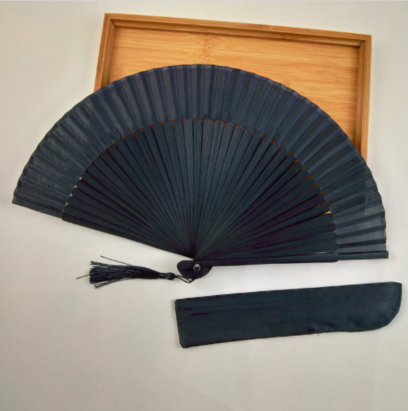 1PC/Pouch! Black Wedding Silk Chinese Bamboo Fan Hand Fan For Gifts