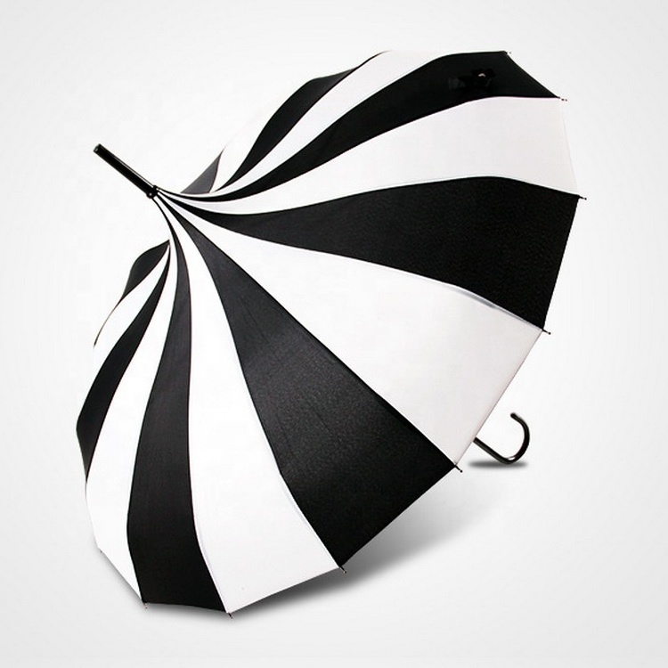 Black and White Pagoda Umbrella Sun Rain Parasol Long Handle Gothic Lady Wedding Folding PU Handle 190T Nylon Fabric for Adults