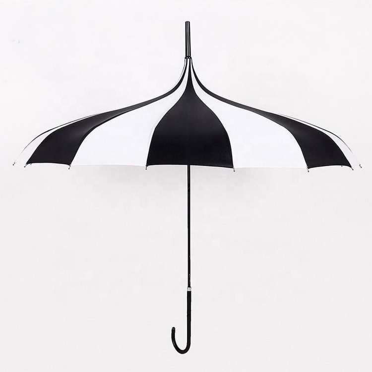 Black and White Pagoda Umbrella Sun Rain Parasol Long Handle Gothic Lady Wedding Folding PU Handle 190T Nylon Fabric for Adults