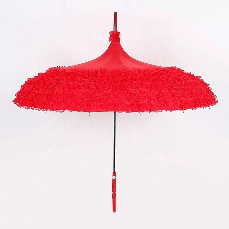 Bride Red Lace Parasol Wedding Long Handle Lady Sun Pagoda Umbrella